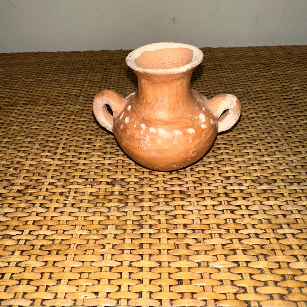 Primitive Style Small Hand Painted Spotted Clay Jug  Handles 2.5" Tall Brown